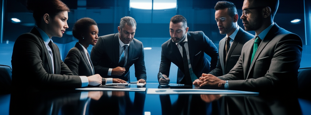 Shark Tank investors analyzing startup funding pitch in boardroom